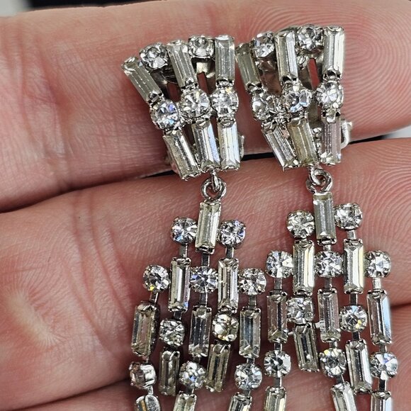 Western Germany Rhinestone Vintage Dangle Earrings Faux Diamonds Silver Tone - Picture 10 of 11